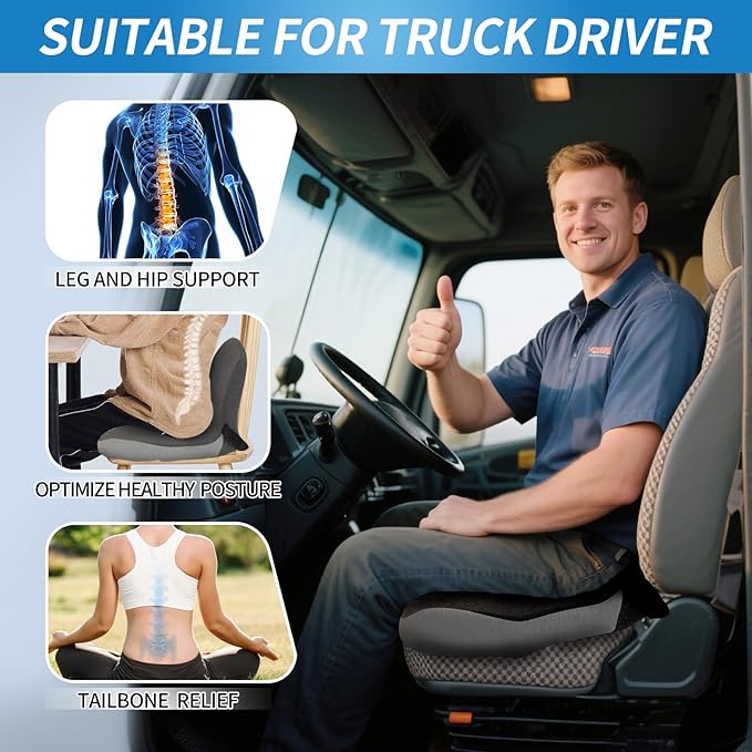 Memory Foam Seat Cushion for Truck Drivers with Adjustable Strap Ergonomic Car Seat Cushions for Driving, Chair Cushion for Back Pain，Lumbar Support & Sciatica Relief for Driving Long