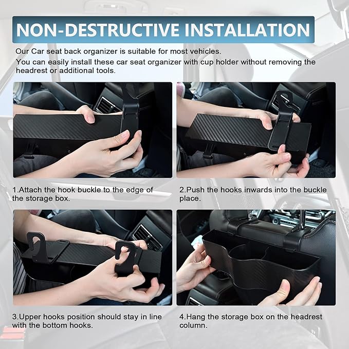 Backseat Car Organizer with Cup Holder - Multifunctional Back Seat Car Organizer with Two Seat Hooks, Fits Most Cars, Can Hold Snacks, Canned Drinks & Phones, Perfect for Travel