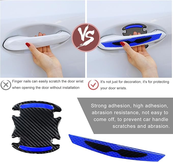 8PCS Car Door Handle Scratch Protector, 3D Carbon Fiber Car Door Handle Reflective Sticker Protective Film, Universal Auto Door Handle Scratch Paint Guard Night Visible Strip (Blue)