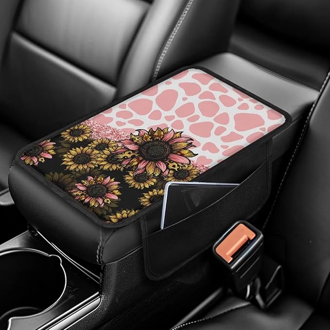 Dreaweet Sunflower Pink Cow Print Car Accessories Center Console Cover Cushion Pad,Car Armrest Cover with Side Pockets,Universal Fit Arm Rest Cover for Most Vehicles SUV Sedan