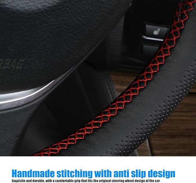 Pack-1 Leather Steering Wheel Cover, Universal Non-Slip Stitch On Wrap, DIY Car Wheel Cover Protector with Needle and Thread for Most Cars SUVs and Trucks (Black #3)