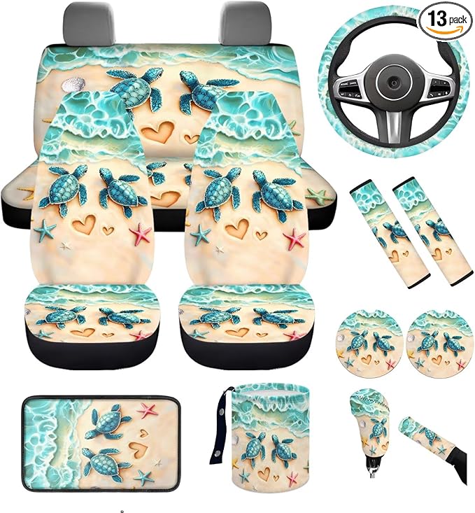 Dngkaoje Beach Sea Turtle Car Seat Covers Front Rear Full Set Steering Wheel Cover Seat Belt Pads Waste Bin Armrest Pad Cup Holders Handbrake Cover Full Set 13 Pcs Car Accessories Seat Protector