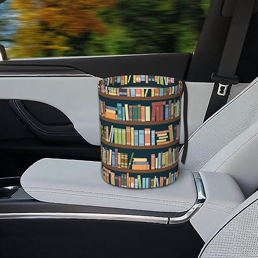 KXWQTRDD Car Garbage Bag Bookshelves Full of Books Mini Car Trash Bin Portable Collapsible Waterproof Rubbish Bag for Car Accessories Back Front Seat Cup Holder
