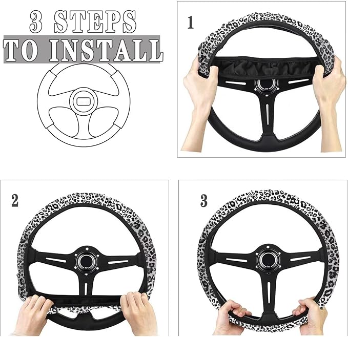 Universal Non-Slip Steering Wheel Cover, 15-inch Polyester Material Driving Accessories, Adjustable for Car and Truck(Artistic Black White Leopard)