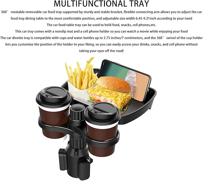 Car Cup Holder Expander Tray, 360° Rotatable Detachable Car Food Table Tray with Phone Mount, Dual Cup Holder Expander with Adjustable Base