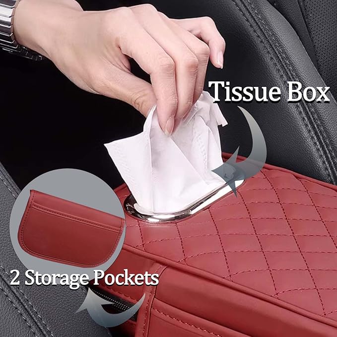 Car Center Console Armrest Pad for Lincoln, Leather Cover with Storage Pocket & Tissue Box Holder, Memory Foam Cushion for Aviator Standard SUV 2020-2025,Black