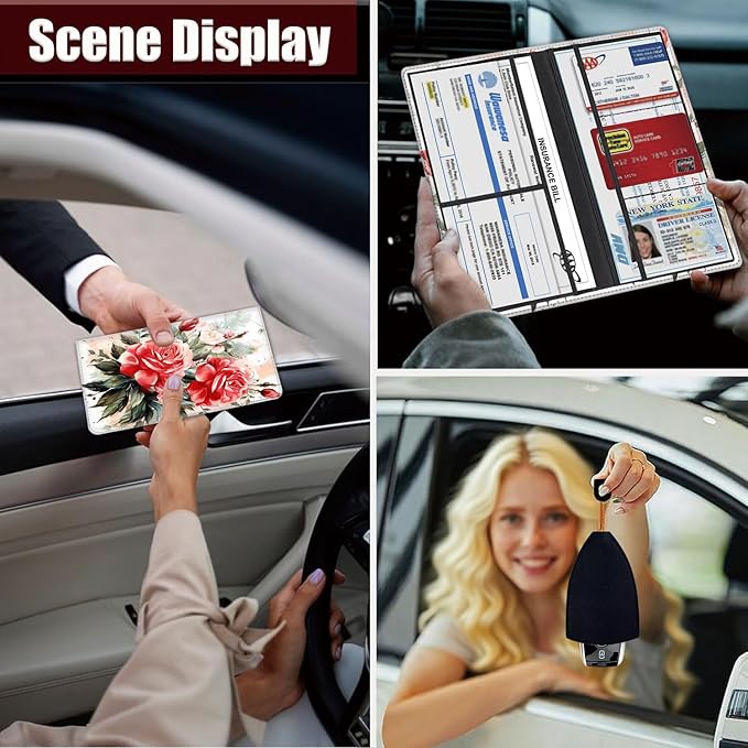 Yuxcfhjfe Car Registration and Insurance Holder, PU Leather Auto Document Holder for Men&Women, Vehicle Glove Box Compartment Organizer with Magnetic Shut for Driver's License, Peony Painting Pattern
