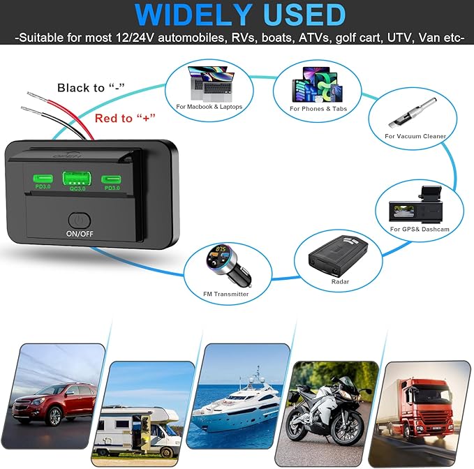 2PCS 3 Ports 12V RV USB Outlet 72W, Gibbab Dual USB QC3.0 36W & PD3.0 Type-C Quick Charge 36W Panel Wall Mount, Automotive Car Socket Charger Adapter for RV Marine Boat Bus ATV Motorcycle Truck