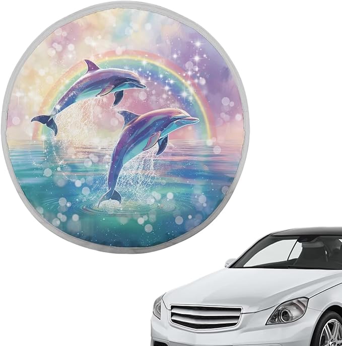 Rainbow Dolphin Sea Pattern Universal Car Steering Wheel Sun Shade Cover Fit Most SUV Truck Van Car Steering Wheel Sun Heat Shield Easy to Install Car Interior Accessories