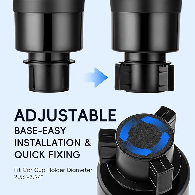 Car Cup Holder Expander with Adjustable Base, Cup Holder Insert for Car Compatible with Most 32/40 Oz Water Bottles 12 oz/24 oz Coffee Mugs Tumblers 3.4 to 3.78 in Diameter, 1 Pack Black