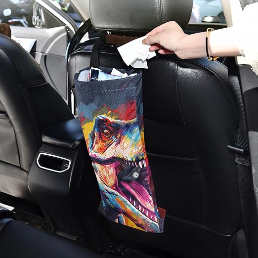 ALAZA Hanging Car Trash Bags Garbage Bag Trash Can for Back Seat Small Dinosaur Multicolor Washable Storage Bag Retractable 2 Pack