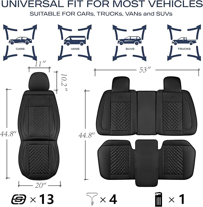 Skechers Car Seat Covers,MAX Cushioning Memory Foam Piping Leather Seat Covers,Waterproof Car Seat Protector Full Set,Car Seat Cushion Airbag Universal Fit for Most Cars,Vans,Trucks,SUV,Black