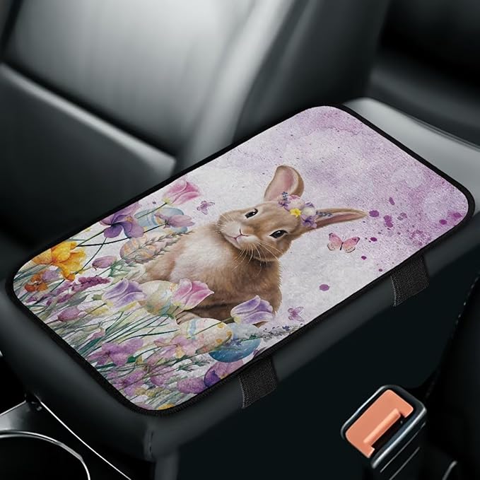 Bulopur Easter Bunny Car Center Console Cushion Pad Flannel Center Console Cover Easy to Install Car Decor Accessories Auto Universal Car Interior Accessories Car Arm Rest Cover