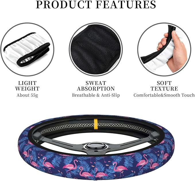 Pink Flamingos Palm Leaves Steering Wheel Cover for Women Men Girls, Accessories Decor Thickened Anti-Slip Auto Steering Wheel Covers Protector Universal Fit 15 Inch for Cars, Truck, SUV