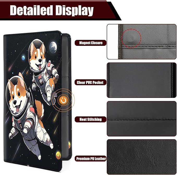 Car Registration and Insurance Holder, PU Leather Auto Document Holder for Men&Women, Vehicle Glove Box Compartment Organizer with Magnetic Shut for Driver's License, Space Astronaut Corgi Dog