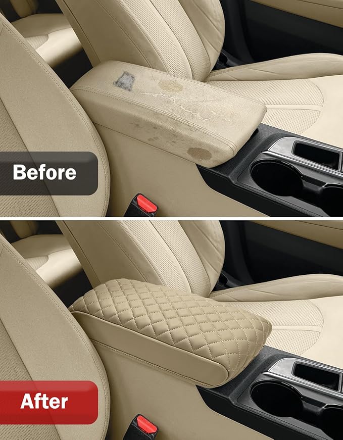KBH Center Console Armrest Cover for Hyundai Sonata 2015 2016 2017 2018 2019, Middle Console Lid Protector Covering, PU Leather Interior Accessories, Beige