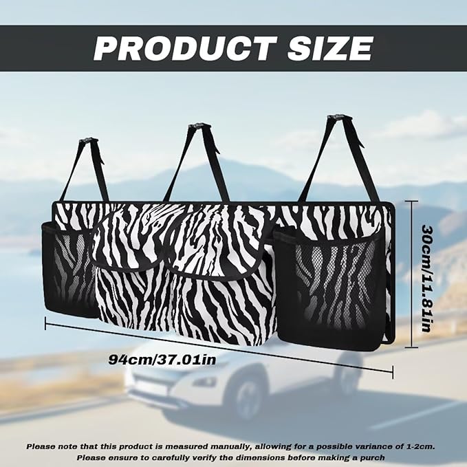 SEANATIVE Black Zebra Car Trunk Organizer, Super Capacity Vehicle Hanging Backseat Cargo Storage Bag with Robust Elastic Net, Detachable Auto Seat Back Organizing Bag, Universal for SUV