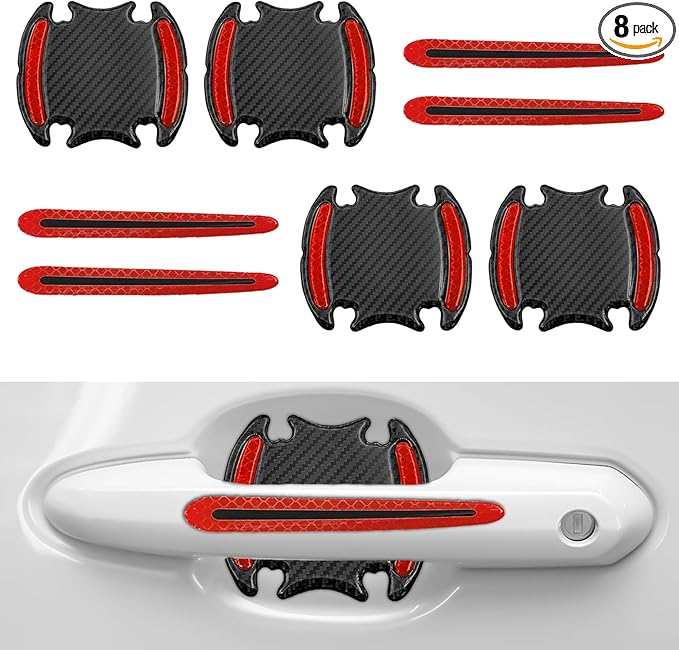 8PCS Universal Car Door Handle Protector Sticker - 3D Carbon Fiber Anti-Scratch Cover, Self-Adhesive & Non-Marking Reflective Safety Strips, Paint Protection Film(Red)