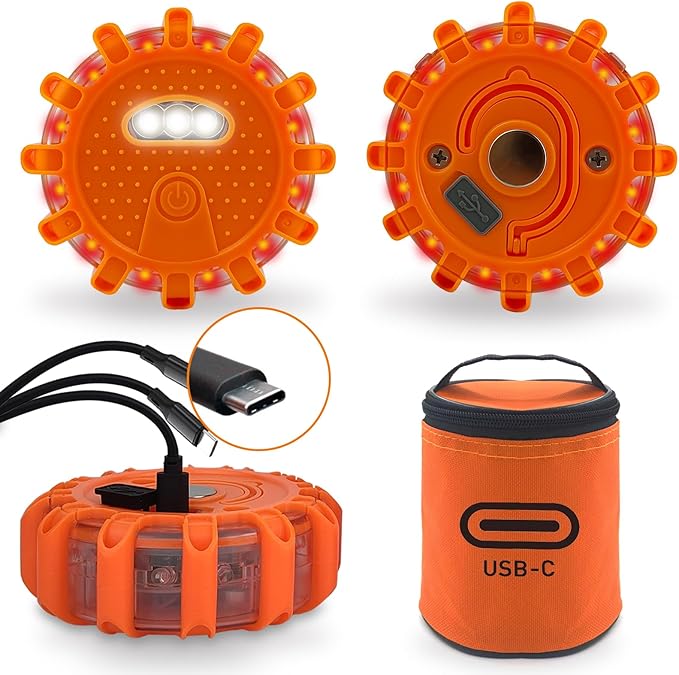 Ecoangel USB-C Rechargeable LED Road Flares Emergency Lights-Large Capacity (Lithium Battery) 3 in 1 Cable Roadside Warning Car Safety Beacon Flashing Disc Kit with Magnetic Base for Vehicles