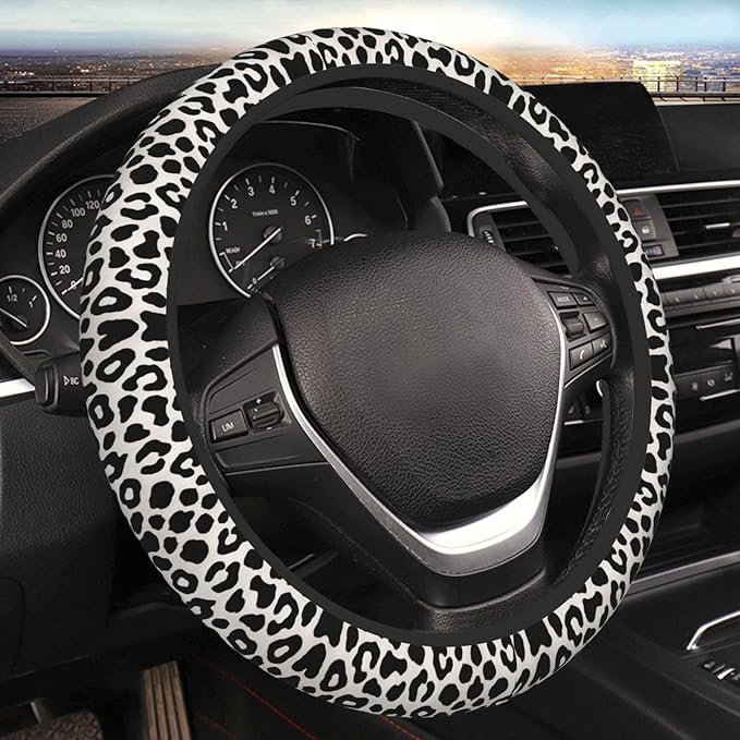 Black White Leopard Car Steering Wheel Cover, 15 Inch Steering Wheel Cover Stylish Decor for Most Cars