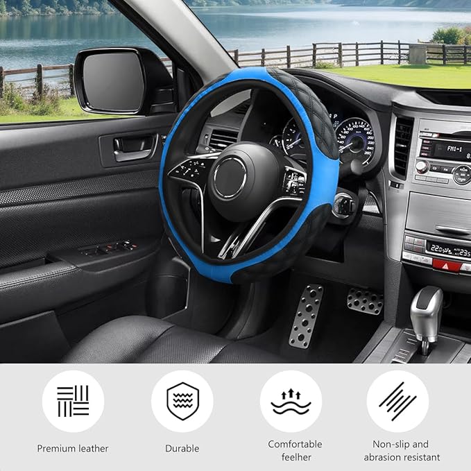 Car Steering Wheel Cover, 15 Inches Leather Steering Wheel Protector with Non-Slip Grip, Universal Wheel Covers Interior Decoration for Sedens Trucks SUVs, Car accessories (Blue)