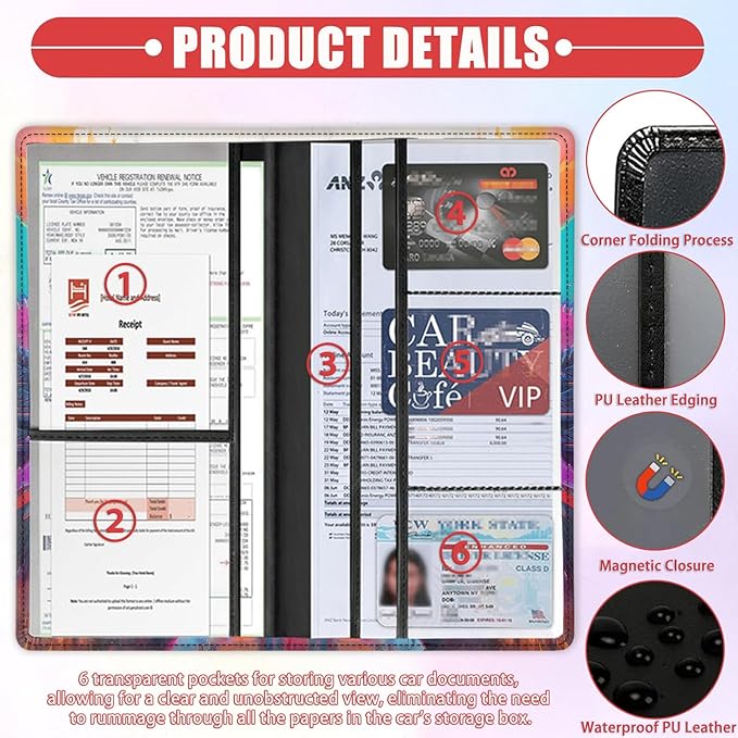 Car Registration Holder, Waterproof PU Leather Vehicle Card Document Glove Box Organizer, Women Interior Auto Accessories Case for Cards, Driver License Car Insurance Holder, Chicken Color Pattern