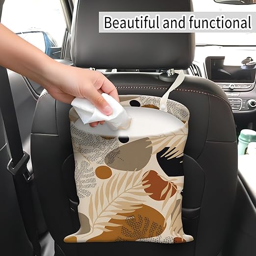 AUEKLLW Car Trash Can, Hanging Garbage Bin for Men and Women, Cute Car Organizer and Storage Bag, Canvas Vehicle Trash Can Bag Easy-to-Install Boho Leaves