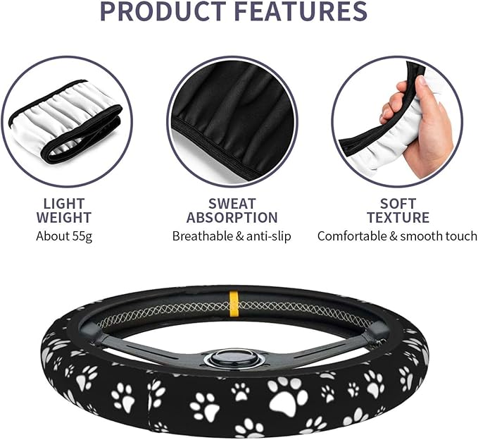 Black and White Dog Cat Paw Print Steering Wheel Cover for Women Men with 2 Pcs Car Coasters, 15 Inches Neoprene Anti-Slip Cute Universal Car Accessories Protective Cover for Vehicle