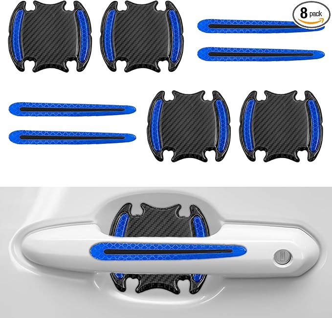 8PCS Universal Car Door Handle Protector Sticker - 3D Carbon Fiber Anti-Scratch Cover, Self-Adhesive & Non-Marking Reflective Safety Strips, Paint Protection Film (Blue)