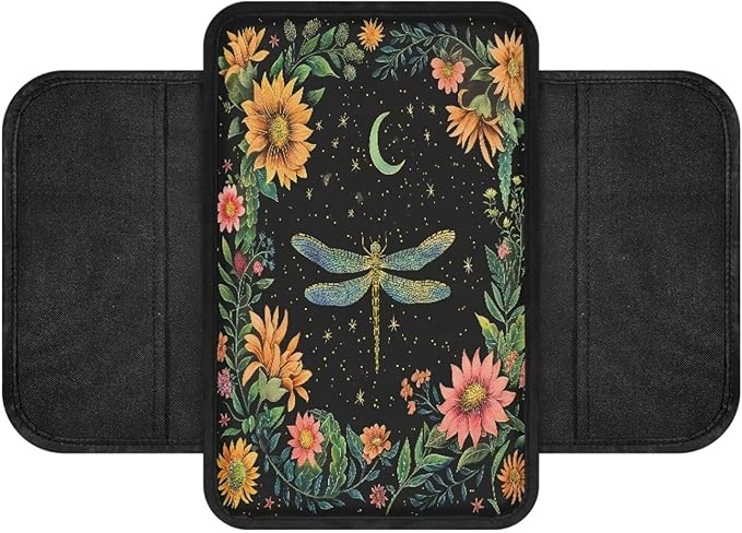BIGCARJOB Art Dragonfly Print Armrest Pad with Pocket Universal Car Armrest Cover Center Console Pads Flower Dragonfly Print Car Armrest Storage Box Car Interior Accessories for Most Vehicles