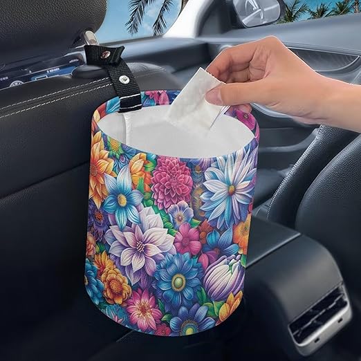 Brosoneto Hanging Portable Car Boho Flower Print Multipurpose Car Accessories Interior Universal Collapsible Back Seat, Front Console, Floor, or Hanging Headrest Waste Basket