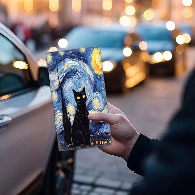Car Document Holder with Magnetic Shut, Car Registration & Insurance Card Holder, Waterproof PU Leather Glove Box Organizer Vehicle Accessories Driver License for Women/Men, Star Cat Pattern