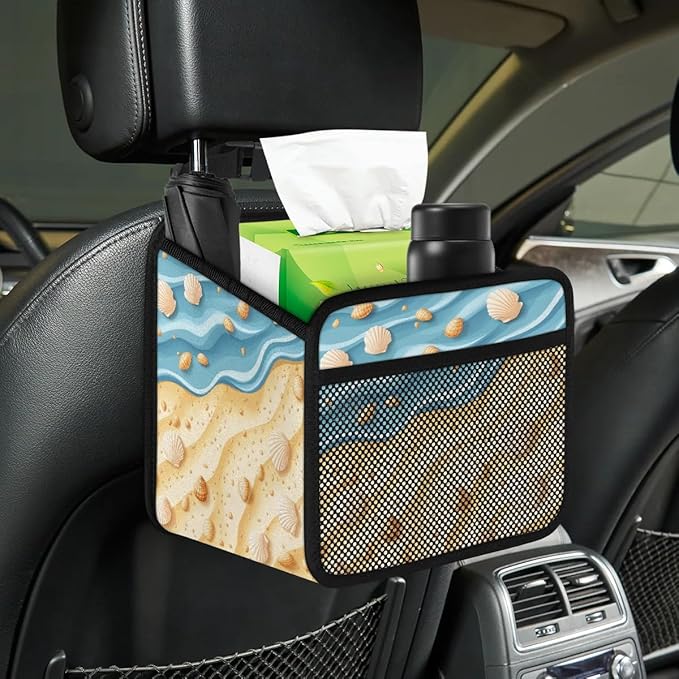 Beach Sea Shell Ocean Car Backseat Organizer PU Leather Automotive Back Seat Storage Bag Universal Hanging Garbage Box Travel Accessories Foldable