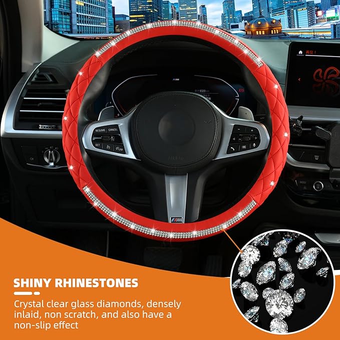 Diamond Steering Wheel Cover，with Bling Crystal Rhinestone, Delicate and Anti-Slip Sparkly Steering Wheel Cover ，Adaptable to 14.5-15 inches Car Wheel Protector for Women Girl，Car Accessories, Red