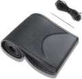 Black Leather Steering Wheel Cover, Stitch On Wrap, Breathable Cowhide Car Steering Wheel Cover, Standard Size 15 Inch (Type B)