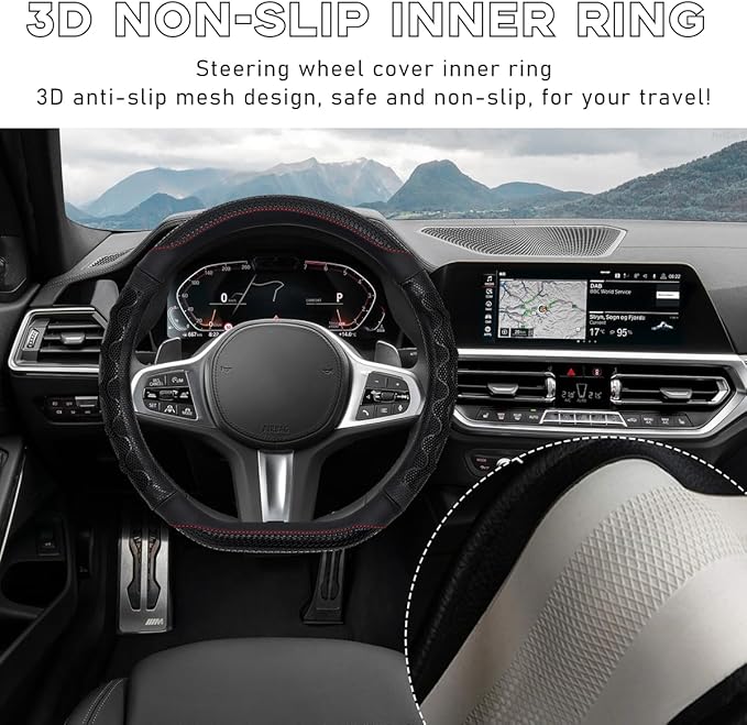Car Steering Wheel Cover, 15 Inch Leather D-Shaped Comfy Grip Steering Wheel Protector, Anti-Slip Steering Wheel Cover with 3D Honeycomb for Most Vehicles, Car Accessories (Black)
