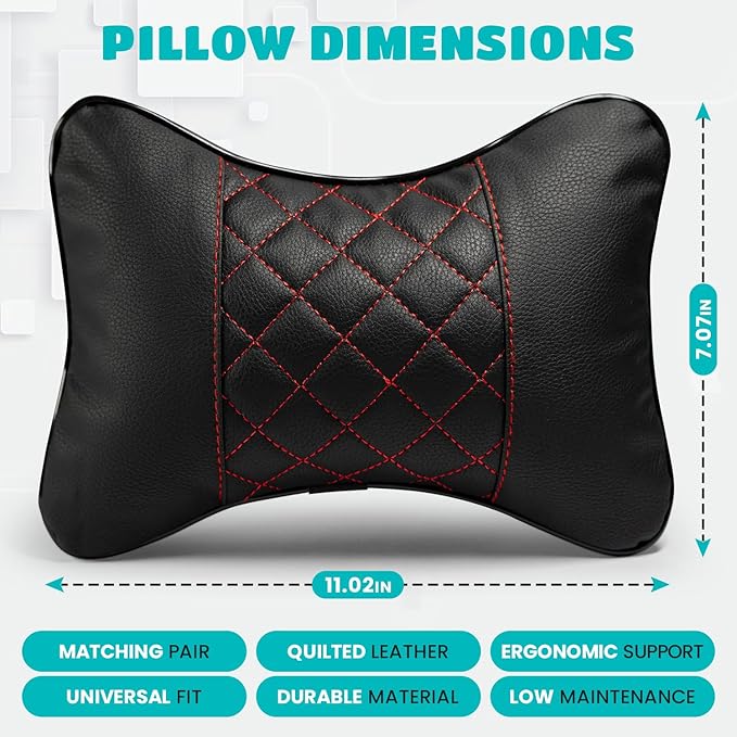 Set of 2 Quilted Faux Leather Car Headrest Pillow, Gray Case/Gray Threading, Ergonomic Neck Support for Comfortable Driving