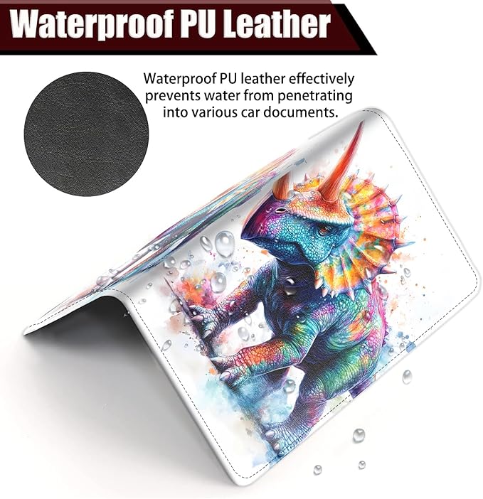 Yuxcfhjfe Car Document Holder with Magnetic Shut, Car Registration and Insurance Card Holder, Vehicle Glove Box Organizer Documents, Driver License, Auto Paperwork Organizer Wallet, Colorful Dinosaur
