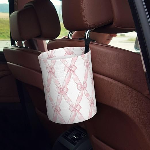 Pink Ribbon Bow Car Trash Can Leak-Proof Waterproof Hanging Trash Bin Collapsible Garbage Can for Car Accessories Travelling Camping