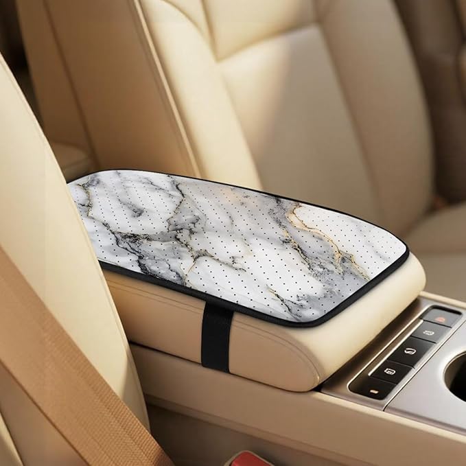 FUSURIRE 5 Pcs Car Accessories Set -White Marble Pattern PU Front Seat Covers, Seat Belt Covers & Center Armrest Pad for Car Interior Accessories