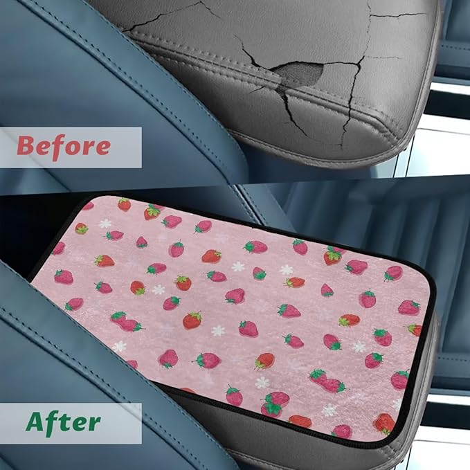CLOHOMIN Pink Strawberry Car Center Console Cover Cute Armrest Cover for Car Truck Van Flannel Auto Arm Rest Cover Accessories with Elastic Bands