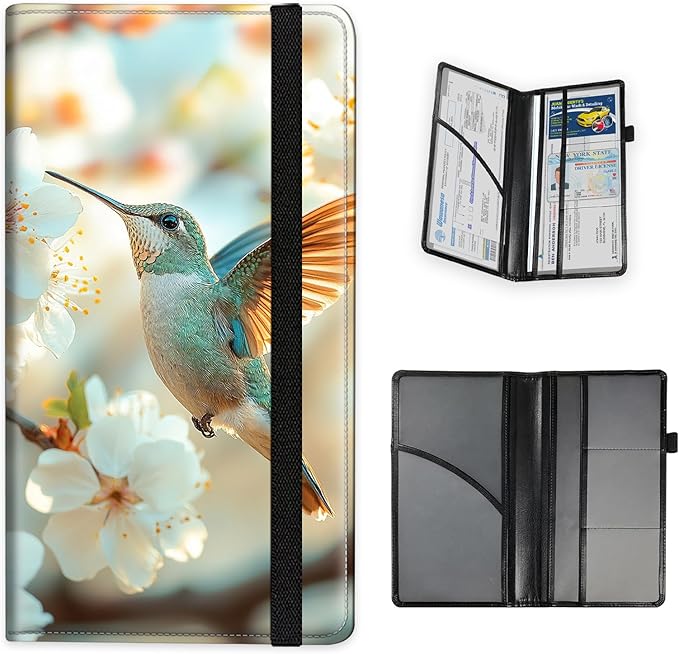 Tudguiloae Car Registration and Insurance Card Holder, Trunk Document Holder Organizer, Essential Vehicle Glove Box Organizer PU Leather Wallet for Driver,Hummingbird White