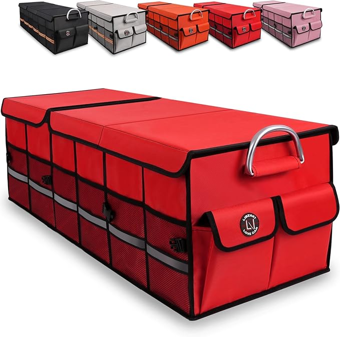 LI LIBZAKI Big Car Trunk Organizer, Cargo Organizer SUV Trunk Storage Non Slip Bottom Waterproof Collapsible Durable Multi Compartments-(Oversize,Red)
