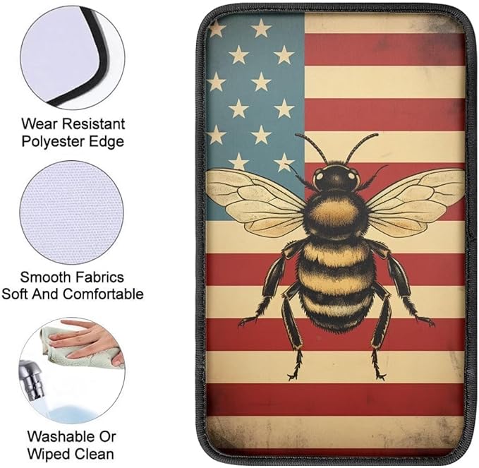 Car Center Console Pad, Universal Waterproof Car Armrest Seat Box Cover, Car Interior Accessories for Most Vehicle SUV Truck Vintage American Flag Bee Car Armrest Pad