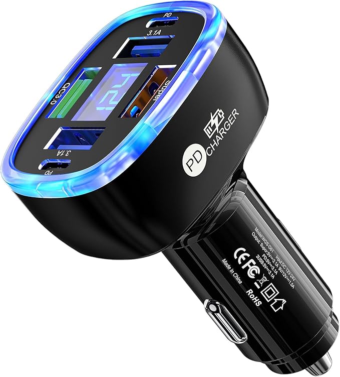 6-in-1 Multi-Function Car Charger with LED Digital Display, PD 3.1A & QC3.0 Super Fast Charging, Fire-Proof PC Body, Multi-Port USB/Type-C Car Adapter for iPhone Android Tablets Cars
