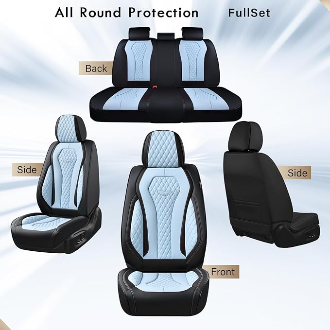 Coverado Auto Seat Covers, Car Seat Covers Full Set, Bule Car Seat Cover, Driver Seat Covers Front Seats Rear Seat Cover, Luxury Car Seat Cushion,Leather Seat Cover Seat Protector Fit for Most Cars