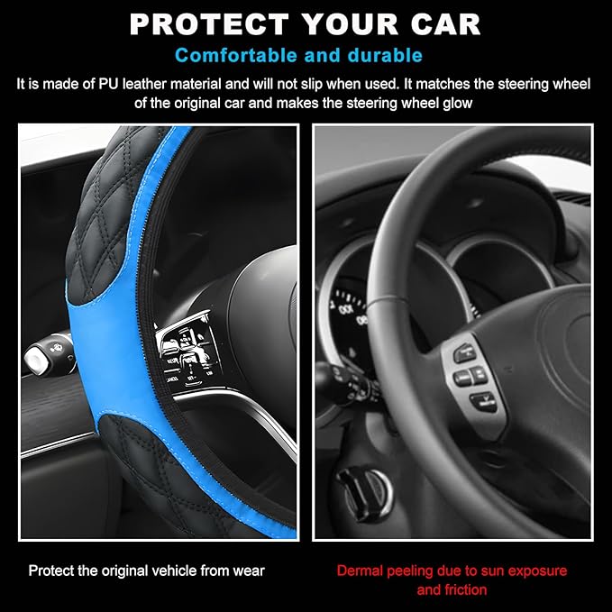 Car Steering Wheel Cover, 15 Inches Non-Slip Leather Car Steering Wheel Protector, Universal Steering Wheel Soft Cover Mats for Car Truck SUV, Interior Car Accessories (Blue)