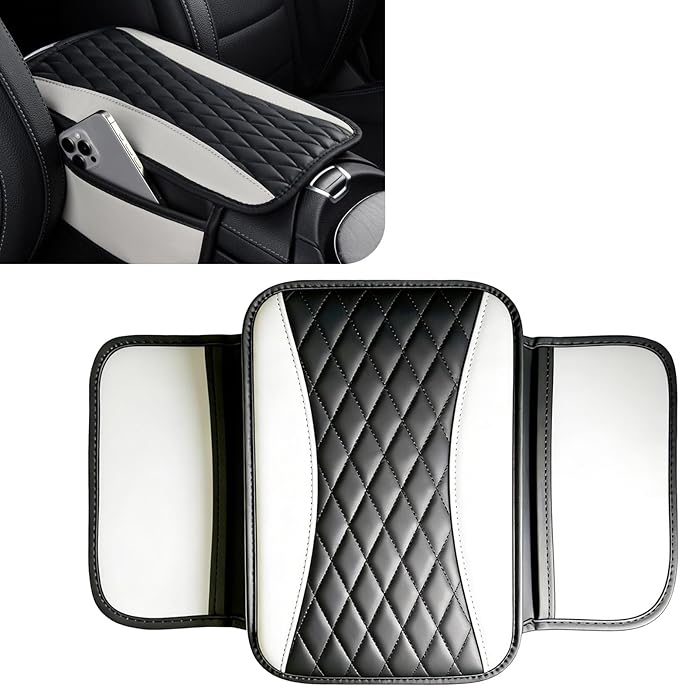 Patchwork Leather Center Console Cover, Upgraded Car Armrest Cover with 2 Storage Bags, Universal Arm Rest Covers for Car, Vehicle Interior Accessories Middle Console Cushion Organizer (White)