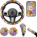 Yellow Chrysanthemum Print Car Steering Wheel Cover Sets Cup Holder Handbrake Gear Cover Armrest Cover Car Interior Accessories -6pcs