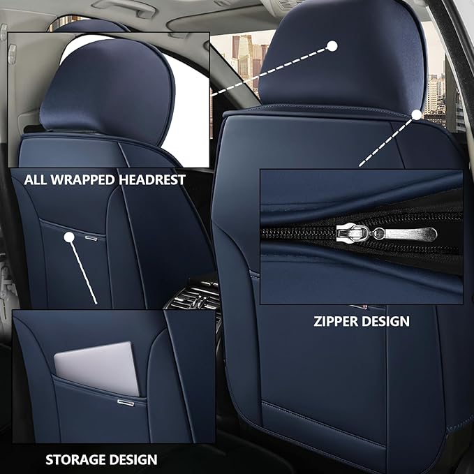 Iceleather Car Seat Covers for Ford Edge 2007-2025,Waterproof Soft Breathable PU Leather Seat Cover with Storage Pockets(Blue&White,Front Set)
